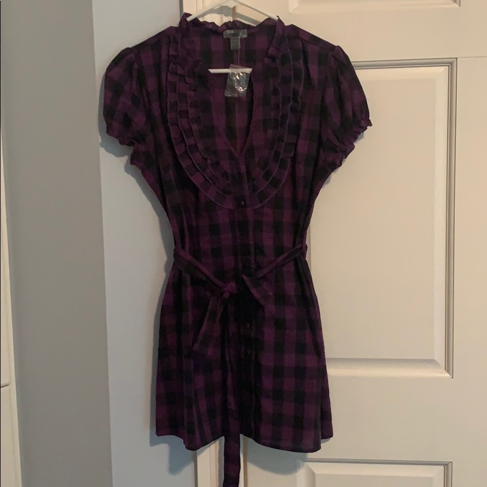 Ruffle detail plaid button up dress
